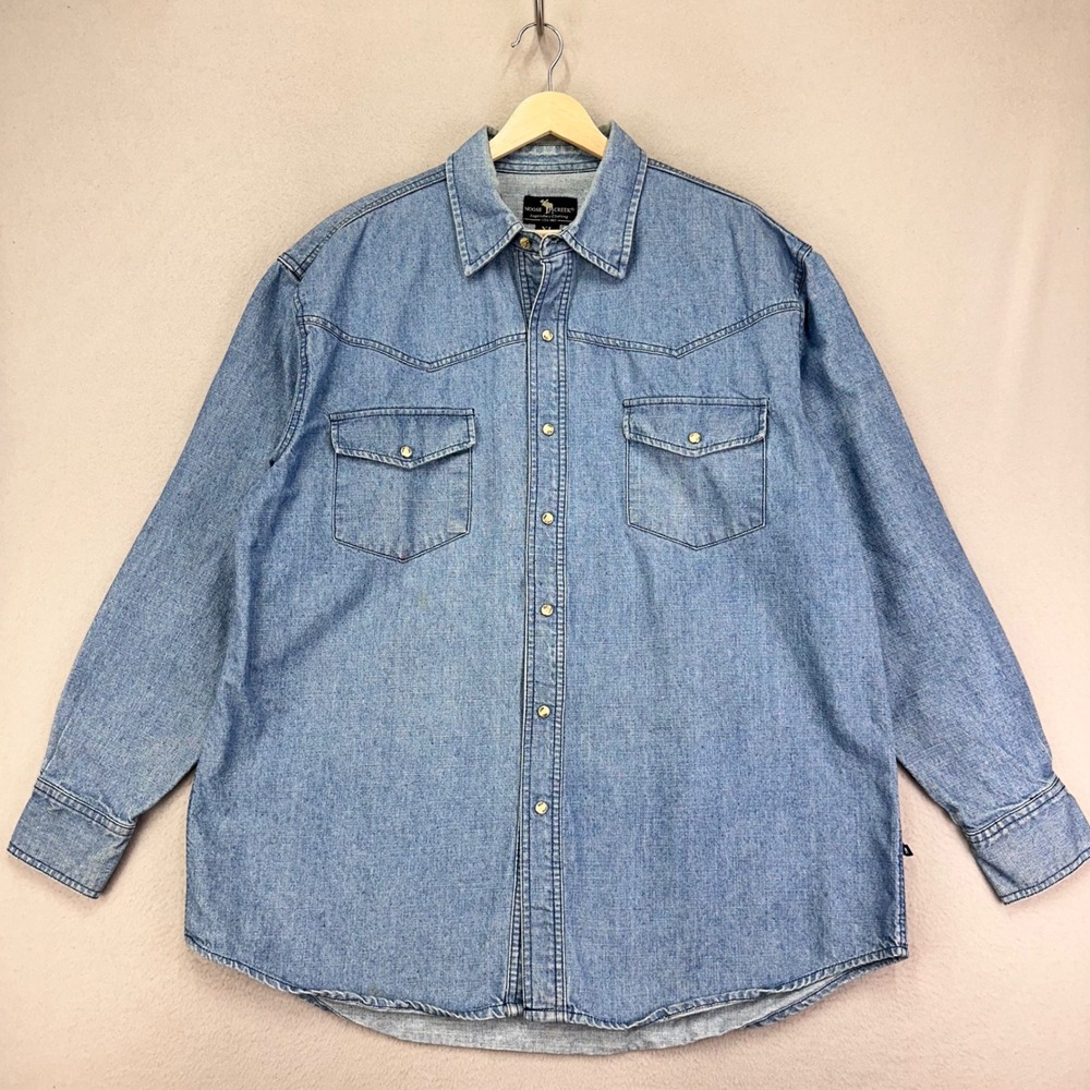 Vintage Denim Shirt Mens XL Pearl Snap Western Long Sleeve Thick Cotton Faded